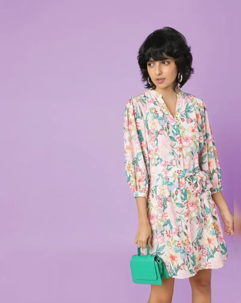 WHITE FLORAL PRINT TIE-BELT DRESS