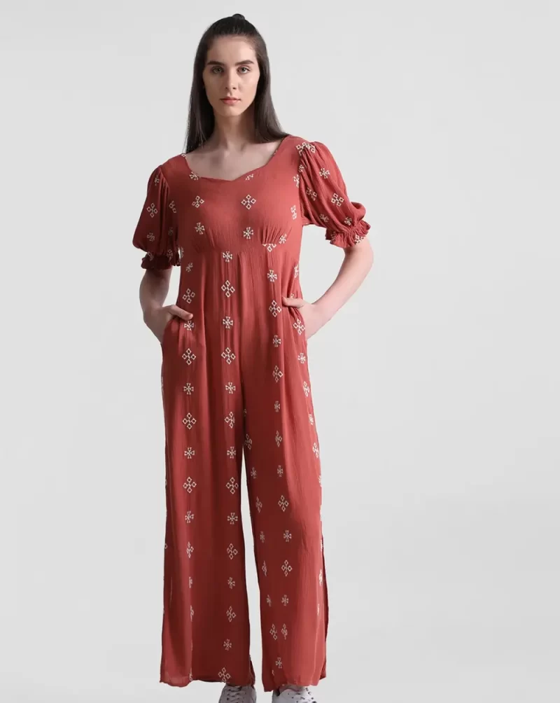 BROWN FLORAL EMBROIDERED JUMPSUIT