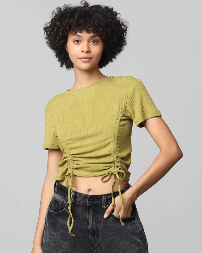 GREEN DRAWSTRING-SIDE RIBBED TOP