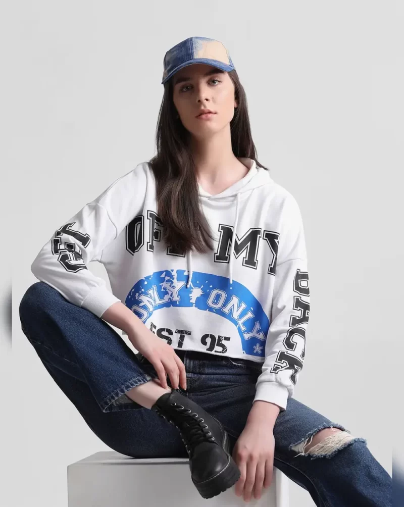 WHITE PRINTED CROPPED SWEATSHIRT