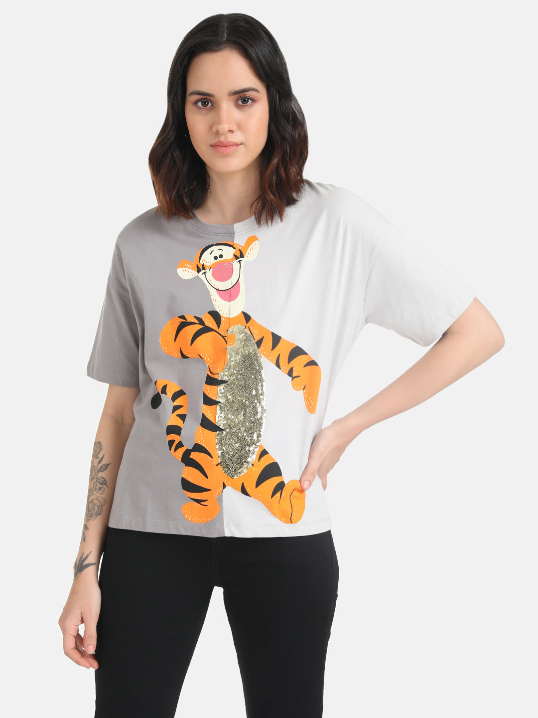 Tigger Disney Half And Half Printed T-Shirt With Sequin Work