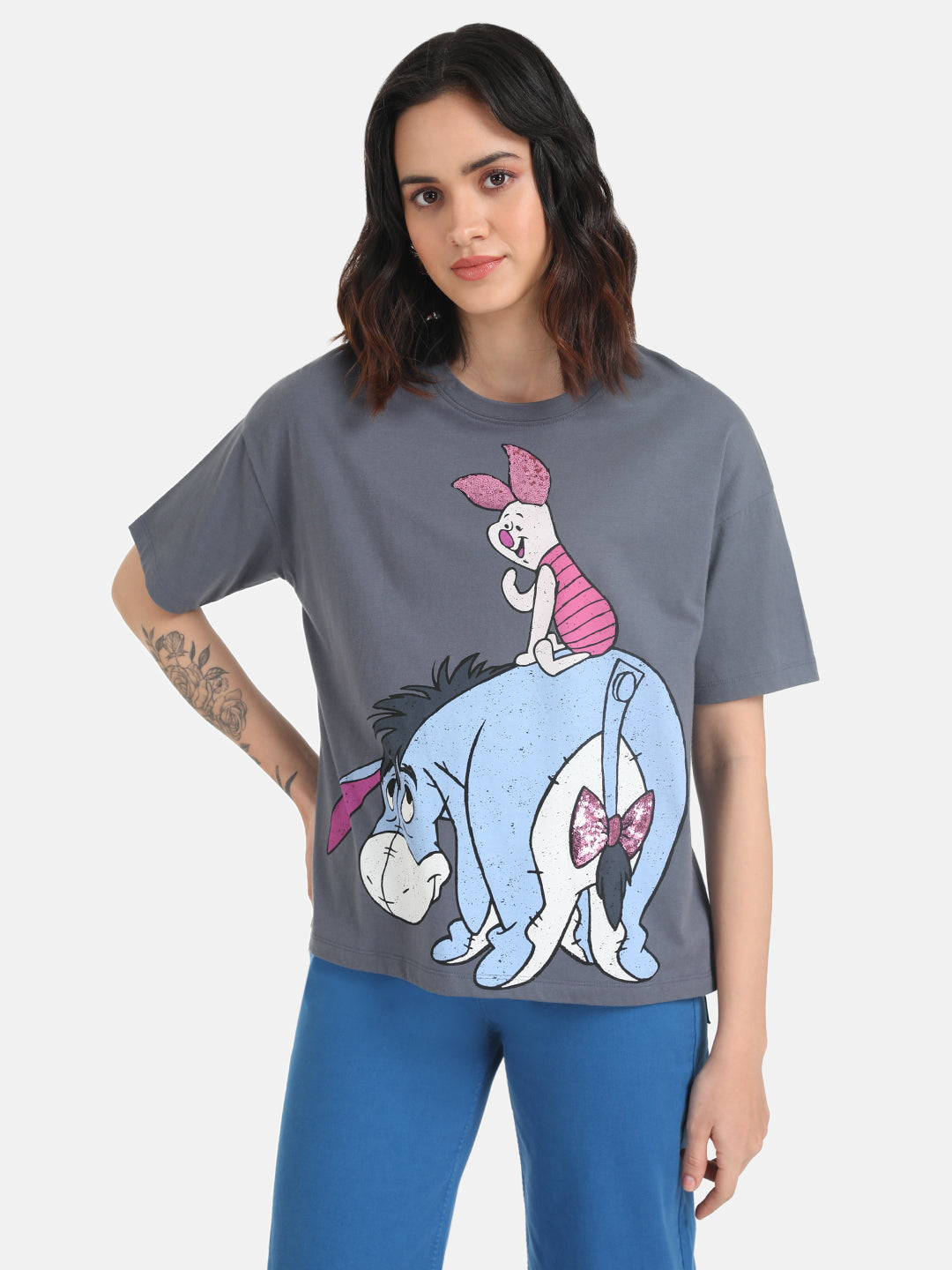 Piglet And Eeyore Disney Printed T-Shirt With Sequin Work