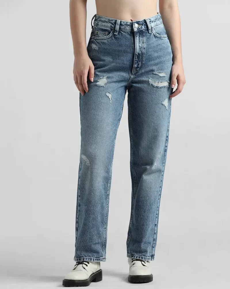 BLUE HIGH RISE DISTRESSED STRAIGHT FIT JEANS