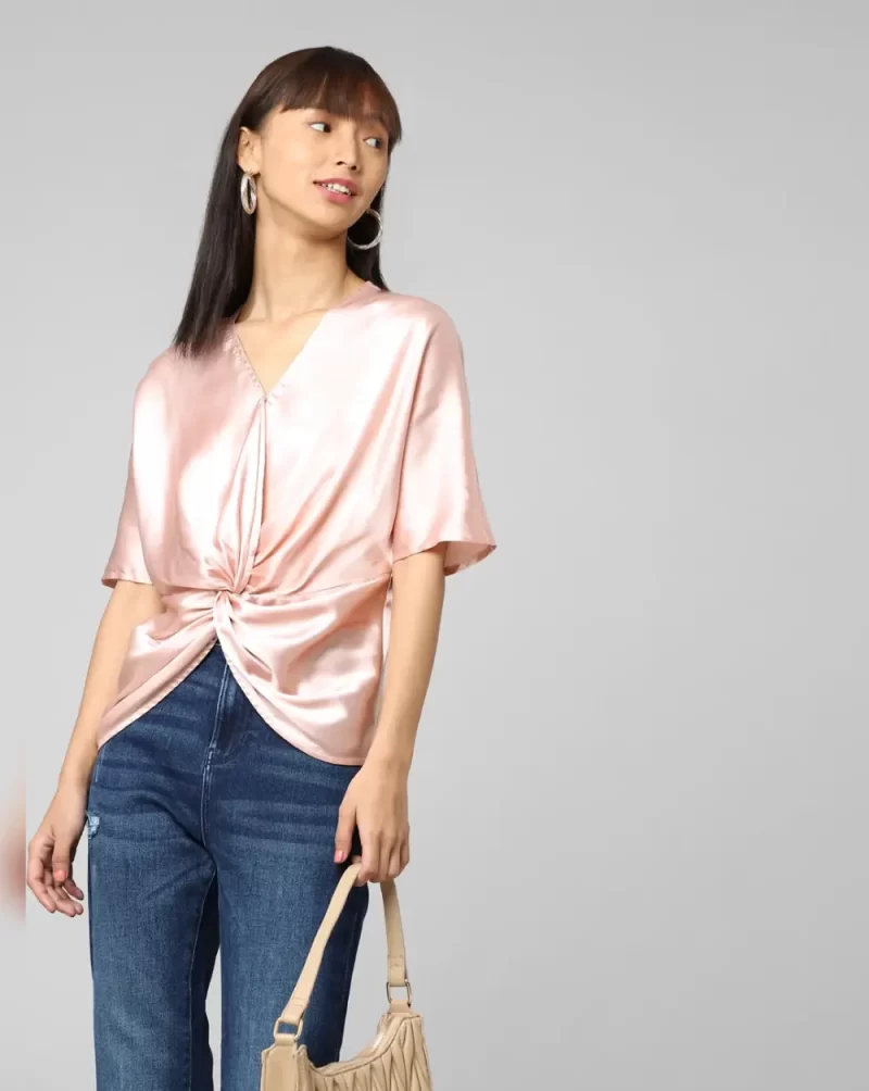 PINK TWISTED-KNOT SATIN TOP