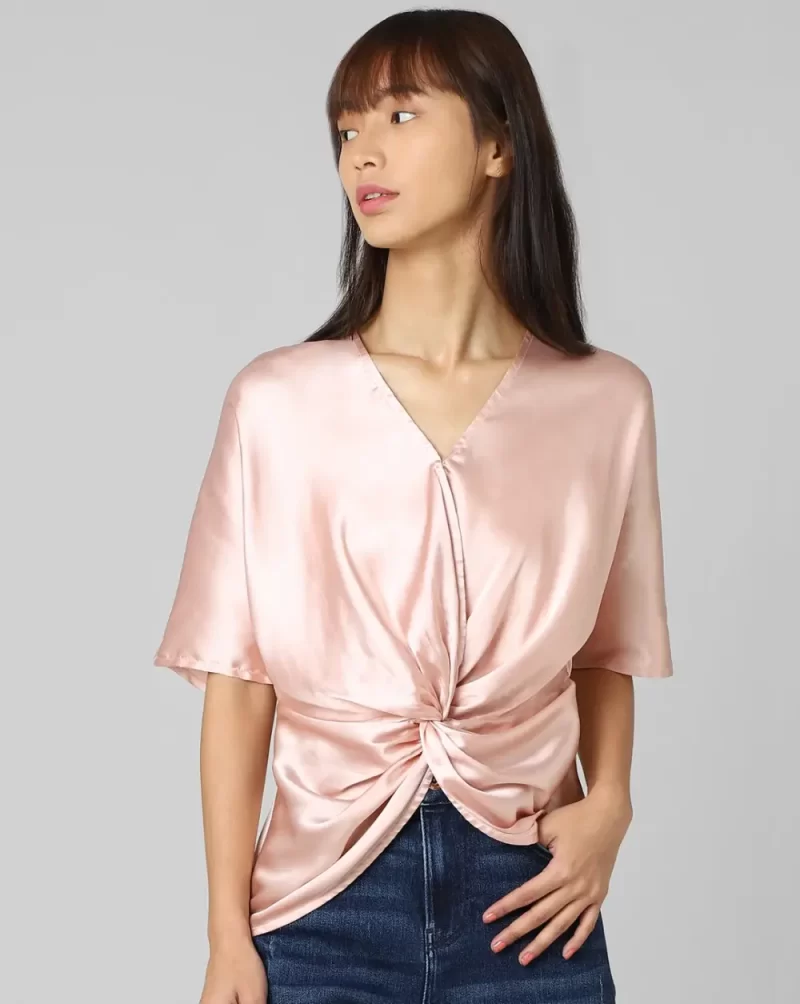 PINK TWISTED-KNOT SATIN TOP