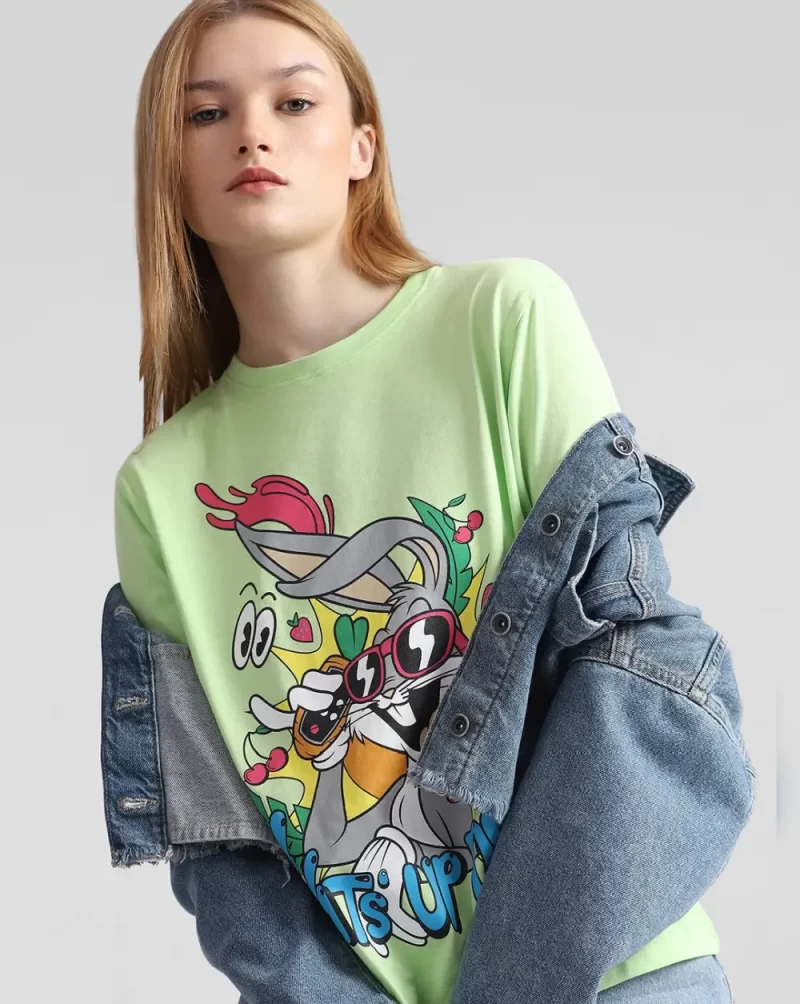 X LOONEY TUNES FLUORESCENT GREEN PRINTED T-SHIRT