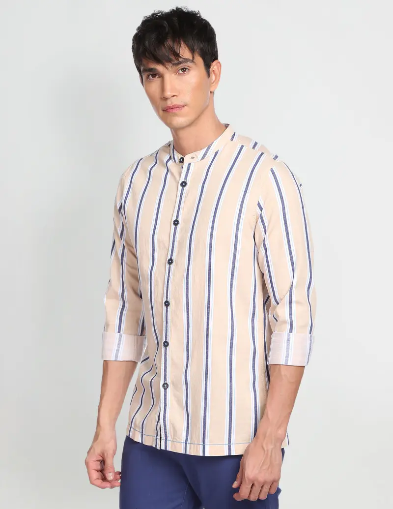 Vertical Stripe Mandarin collar Casual Shirt