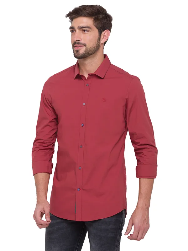 BEING HUMAN SUPER SLIM FIT MENS NORMAL 2 PC COLLAR SHIRTS -BRICK