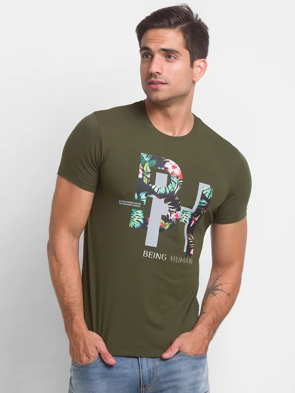 BEING HUMAN MENS CREW NECK T-SHIRTS -DK.OLIVE