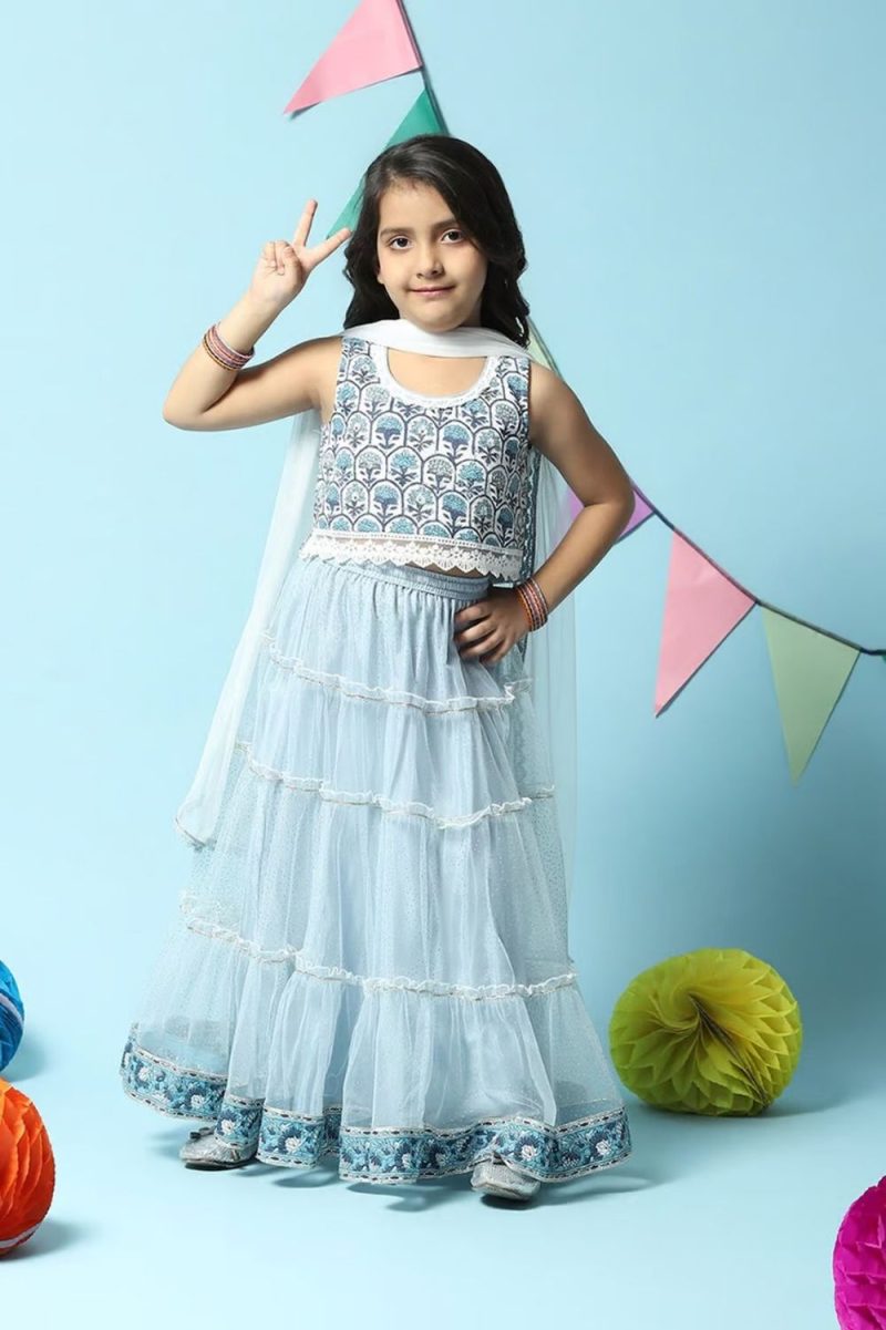Powder Blue Cotton Short Top Lehenga Set