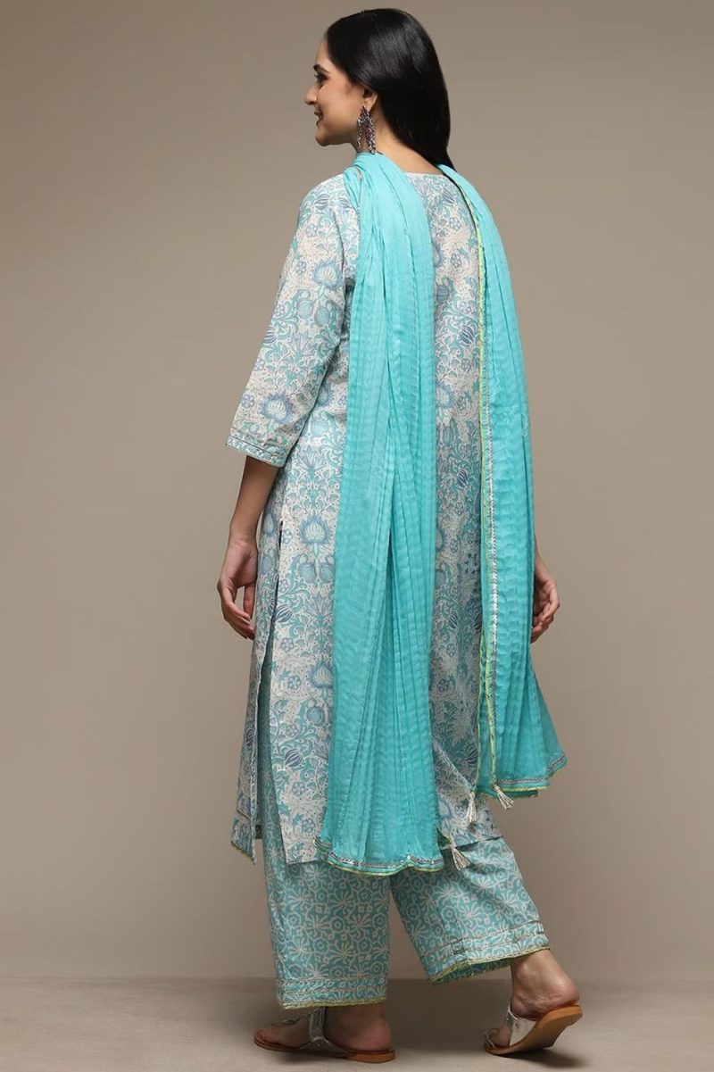 Off White & Blue Cotton Straight Kurta Palazzo Suit Set