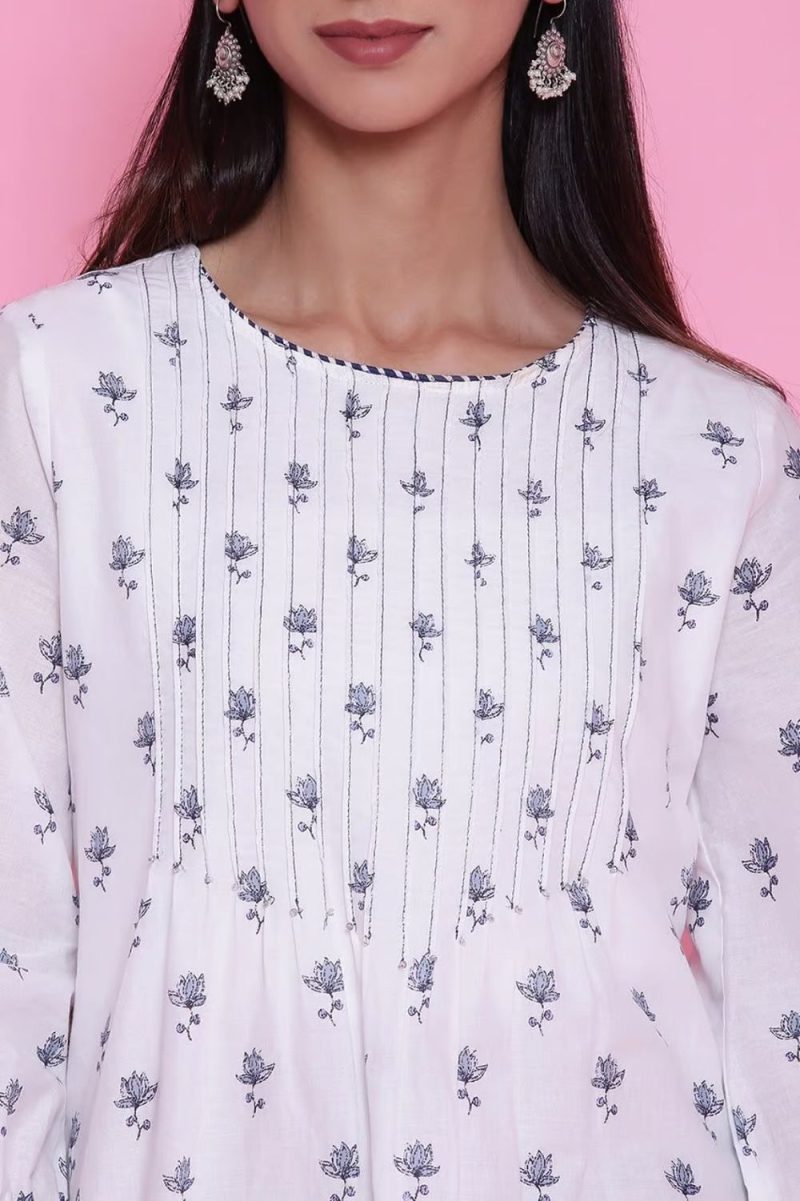 White And Blue Cotton Printed Kurta Dress