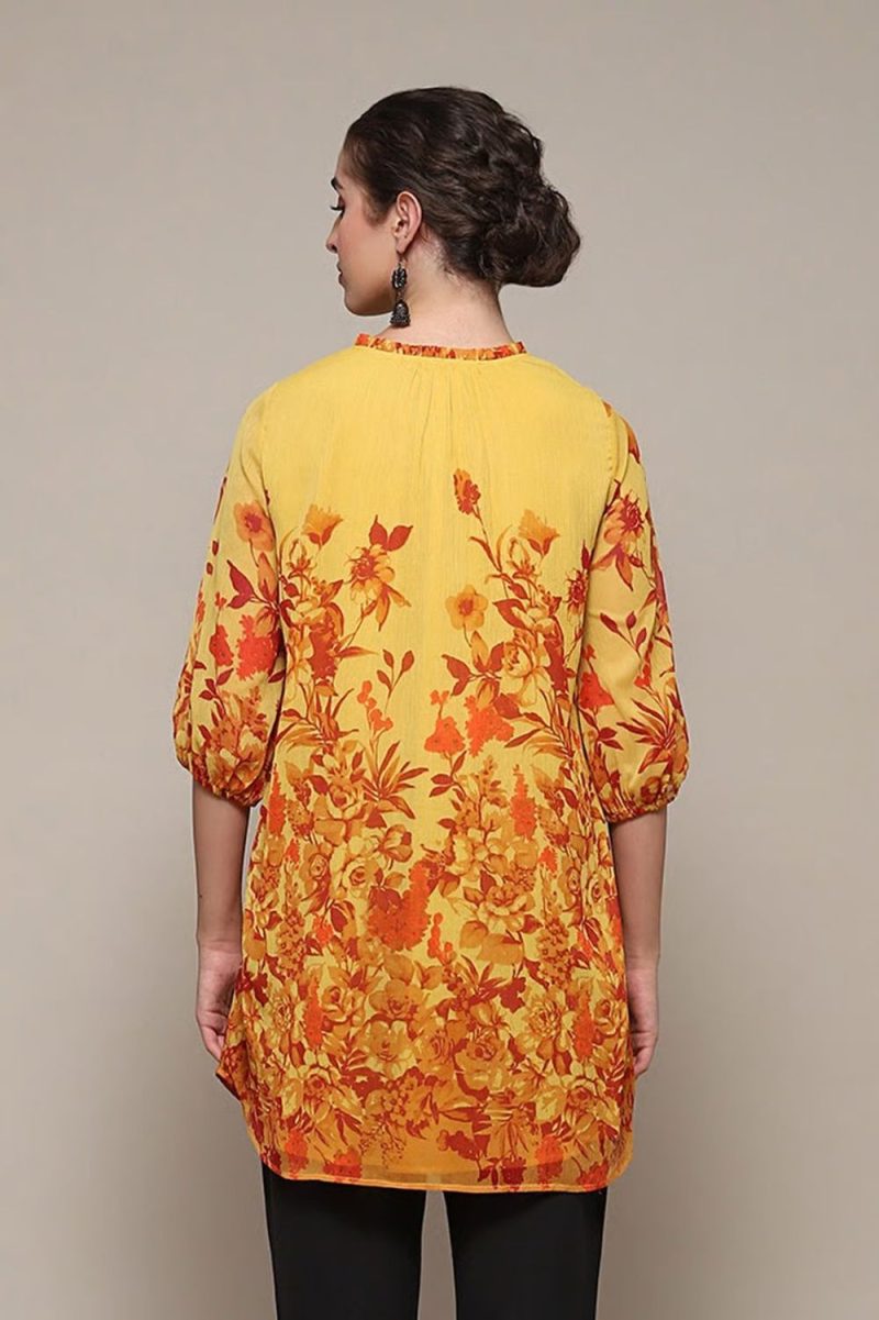 Yellow Polyester Straight Printed Top