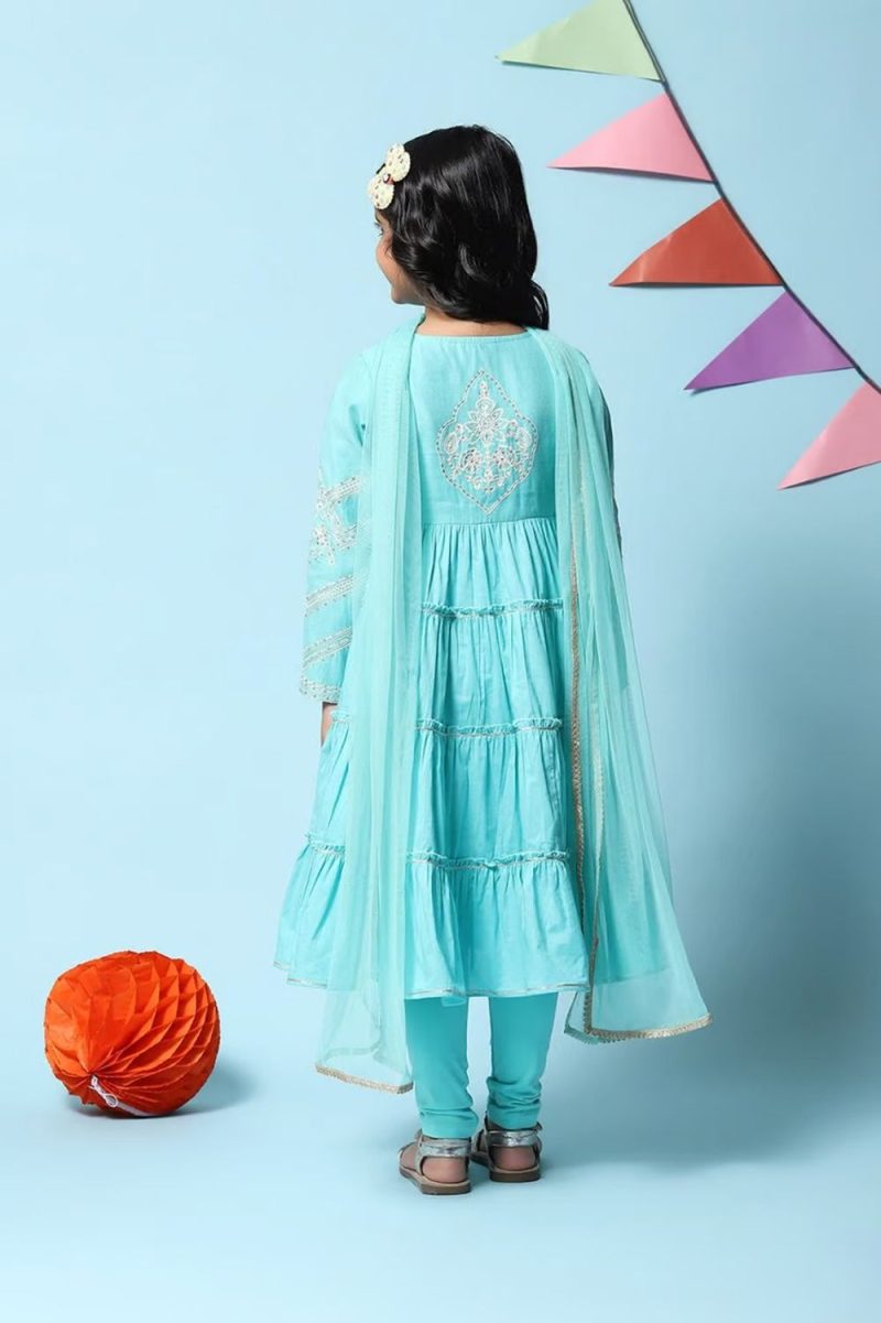 Turquoise Cotton Blend Tiered Kurta Churidar Suit Set