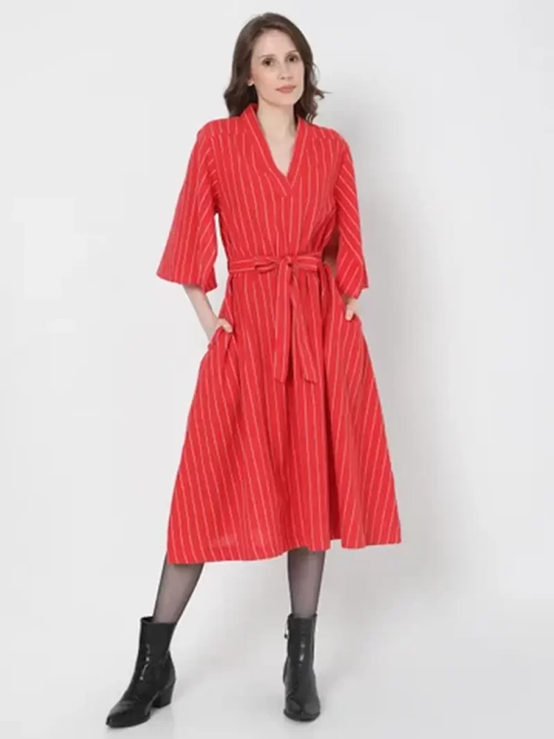 RED STRIPED MIDI DRESS