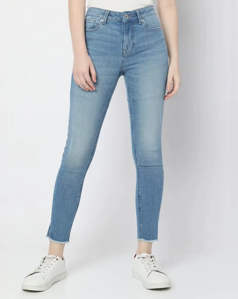 LIGHT BLUE MID RISE FRAYED HEM SKINNY JEANS