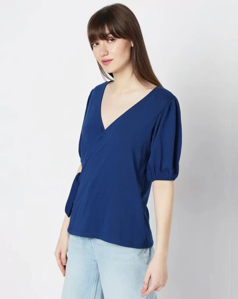 BLUE MOCK-WRAP TOP