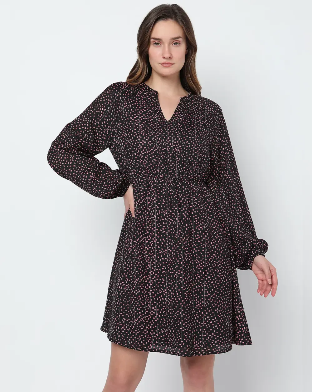 BLACK DITSY PRINTED FIT & FLARE DRESS