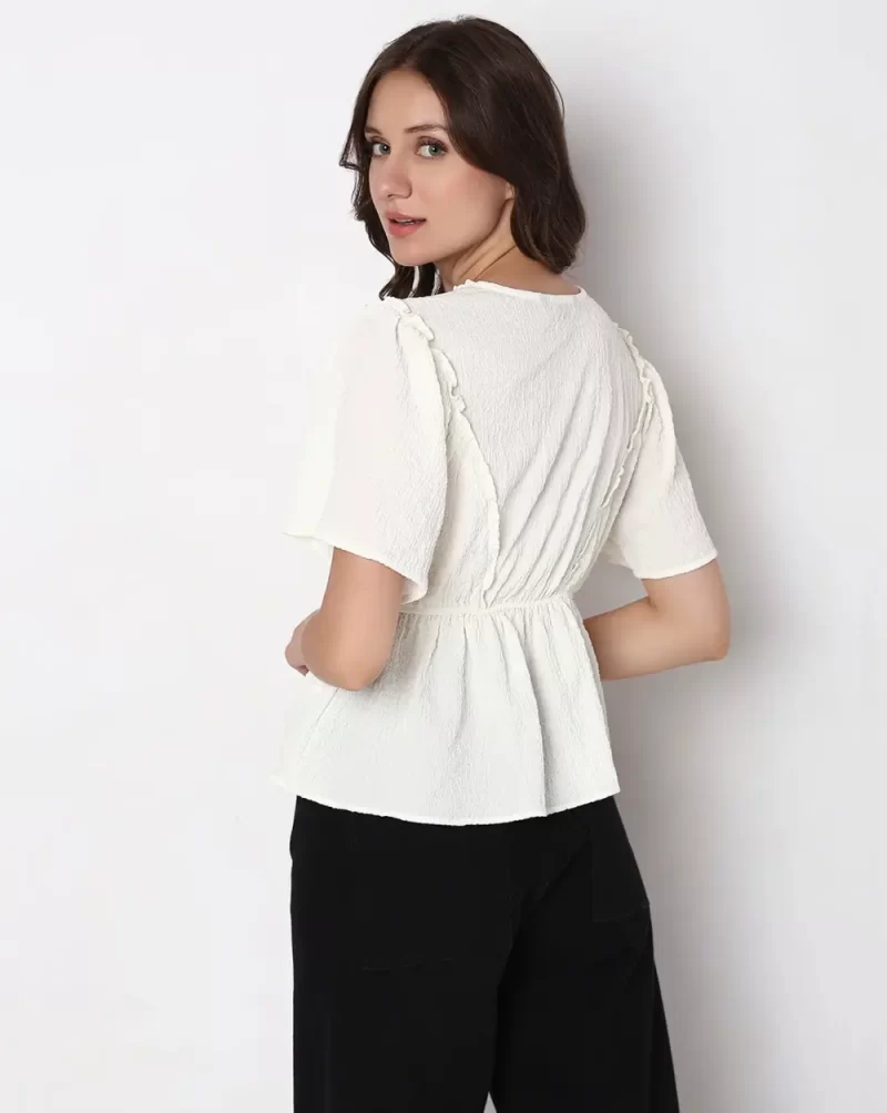 WHITE TEXTURED V-NECK TOP
