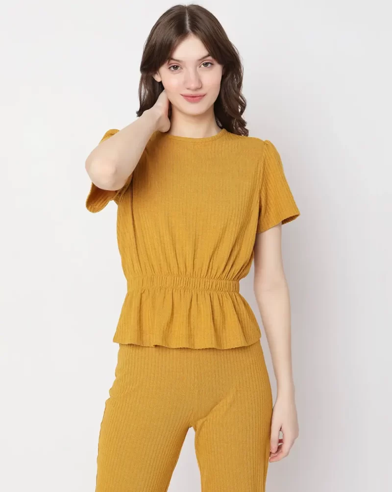 MUSTARD RIBBED PEPLUM CO-ORD SET TOP