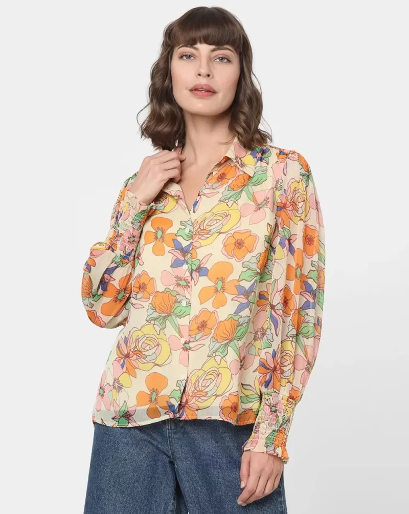 ORANGE GEORGETTE SUMMER FLORAL SHIRT