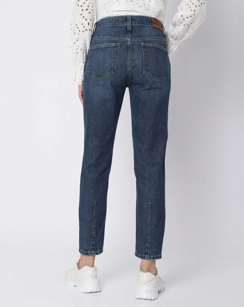BLUE MID RISE DISTRESSED STRAIGHT FIT JEANS