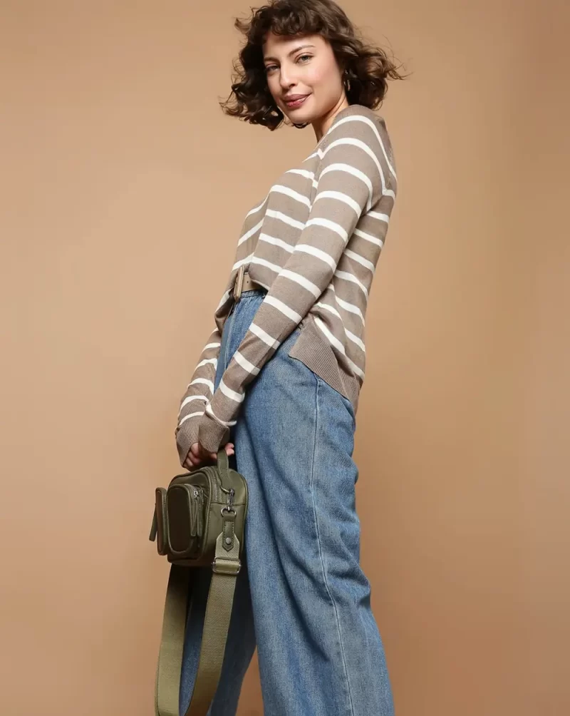 BROWN STRIPED FLAT KNIT PULLOVER