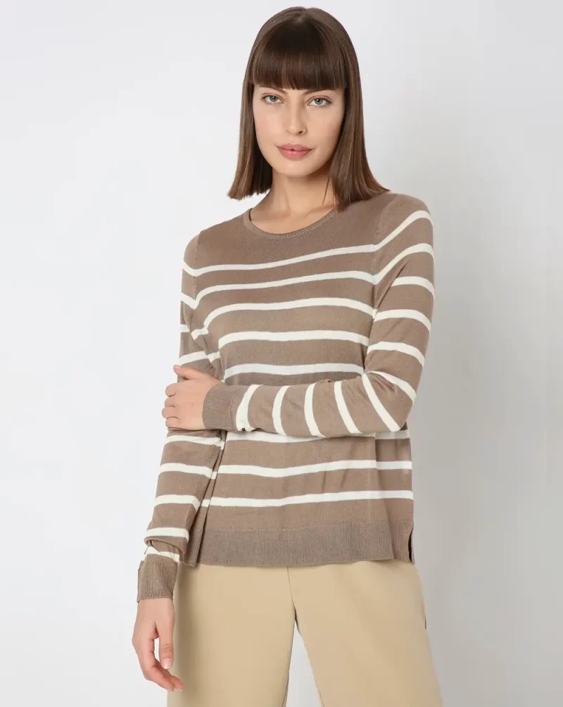 BROWN STRIPED FLAT KNIT PULLOVER