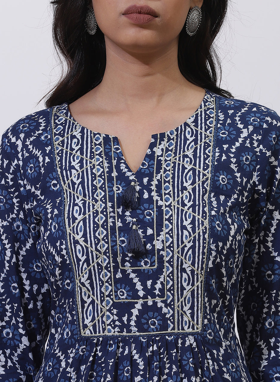 Blue Phool Collection Batik Print Kurta Set With Gota Lace Embroidery