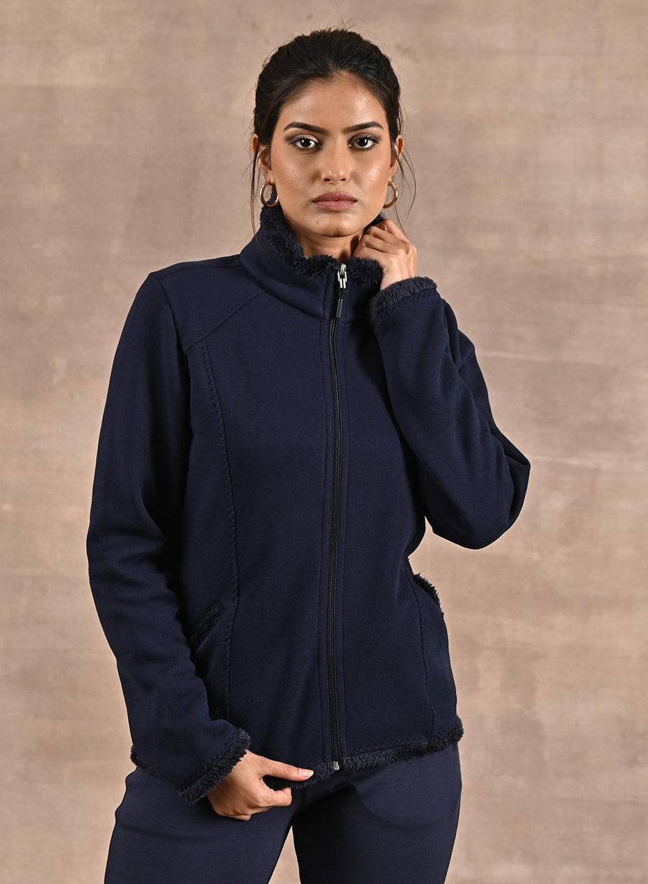Navy High-Neck Long Sleeve Sherpa Fur Jacket