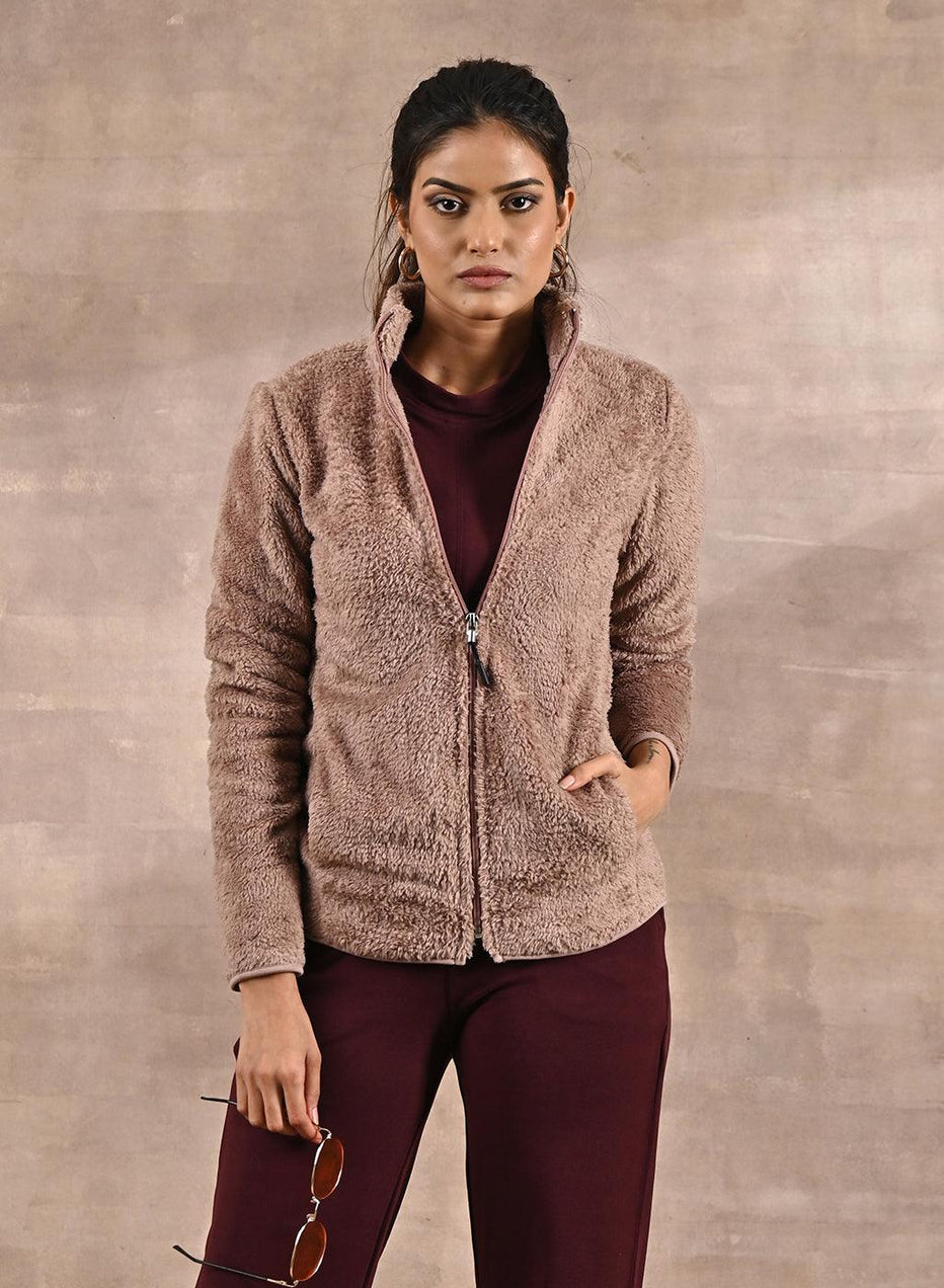 Pink Fleece Long Sleeve Full-Zip Fur Jacket With Collar