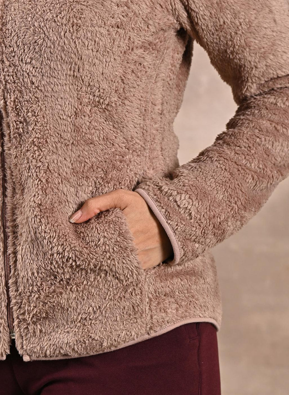Pink Fleece Long Sleeve Full-Zip Fur Jacket With Collar