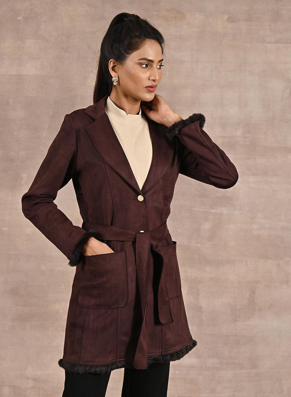 Brown Long Belted Trench Coat With Fur Detailing