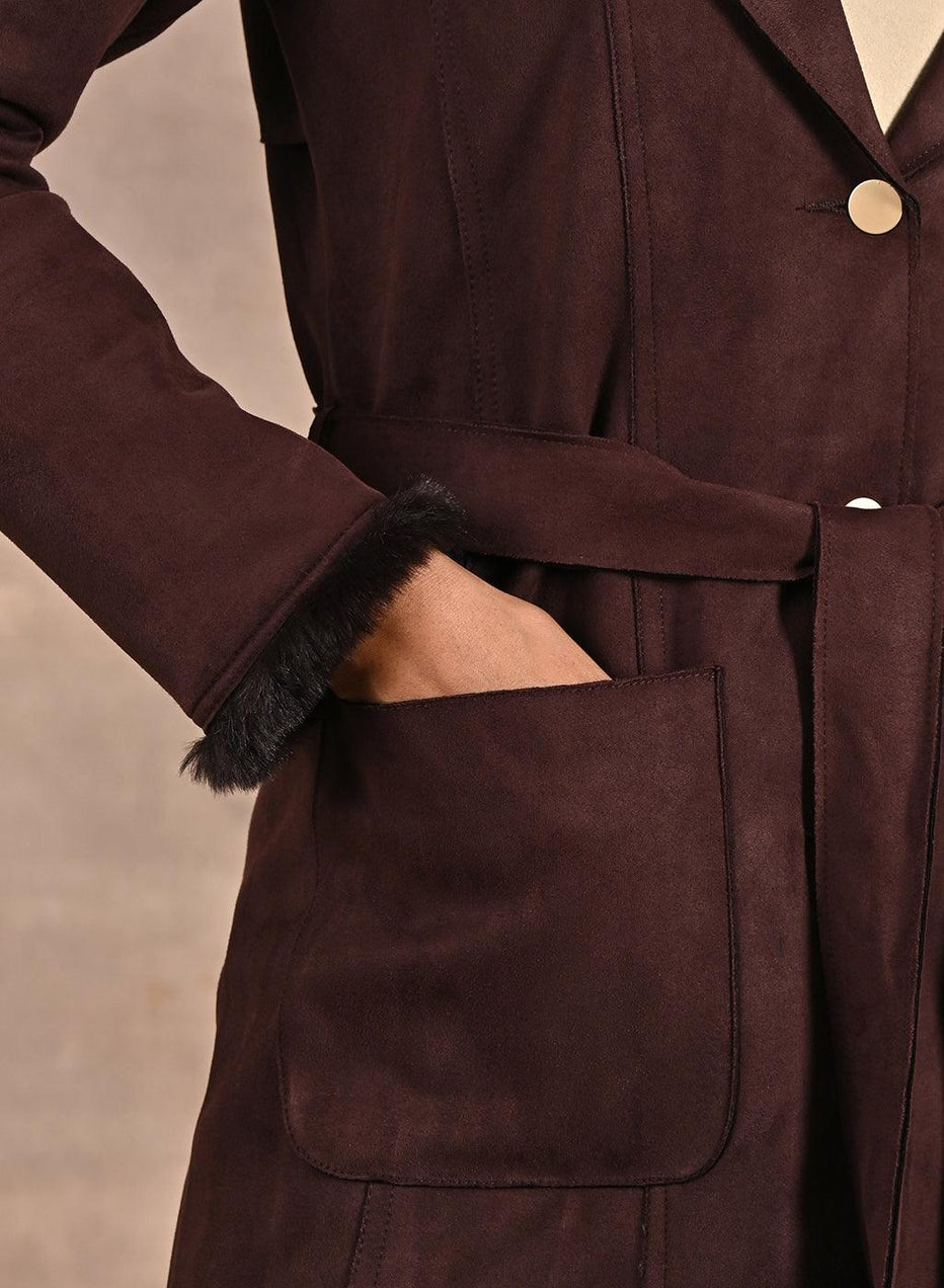 Brown Long Belted Trench Coat With Fur Detailing