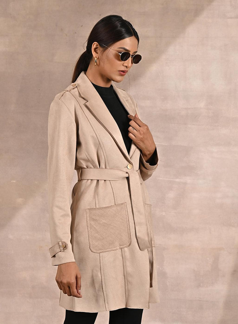 Ivory Stylish Suede Coat With Front Pocket & Notched Collar