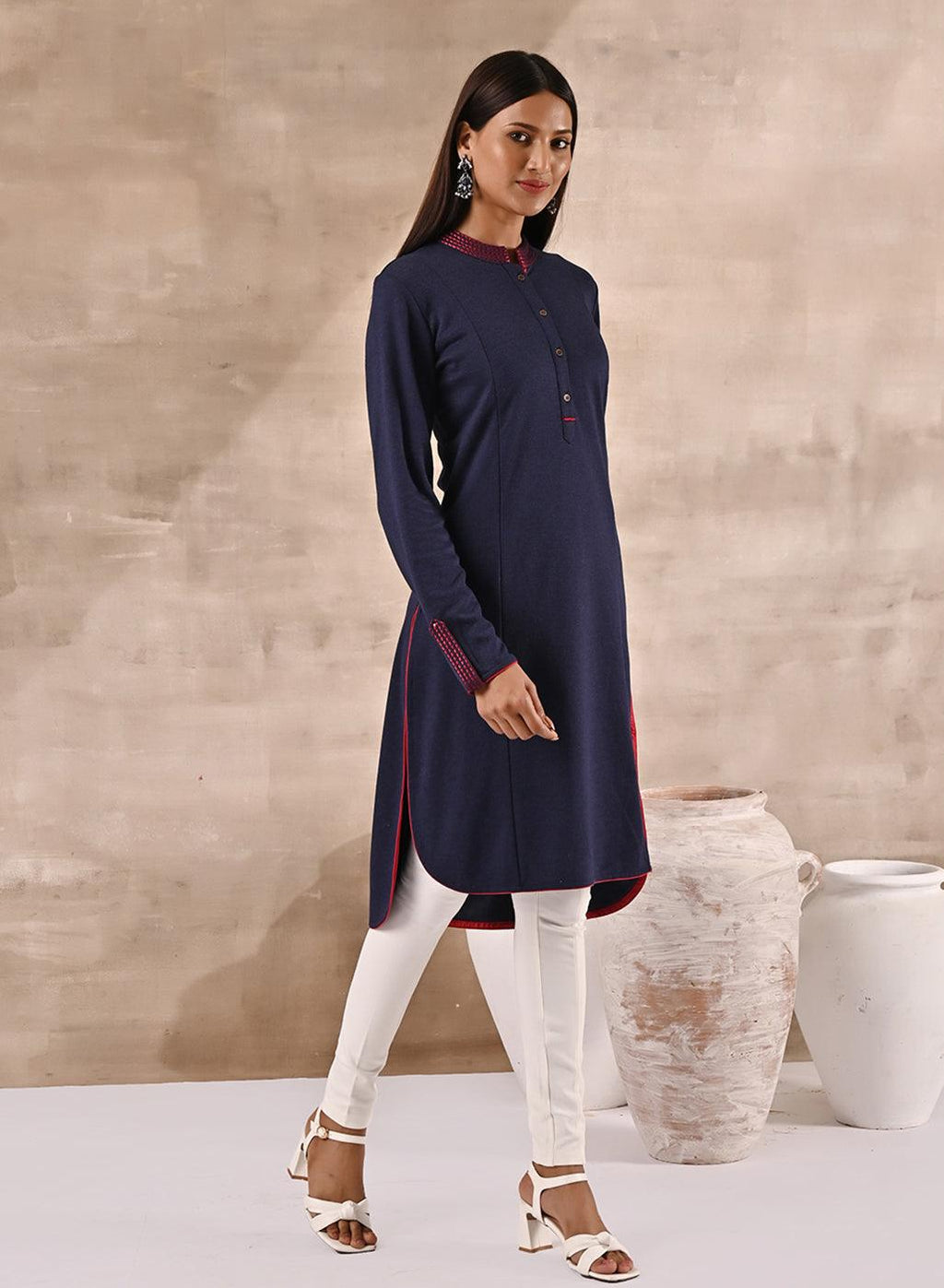 Blue Long Knitted Denim Kurti With Embroidery