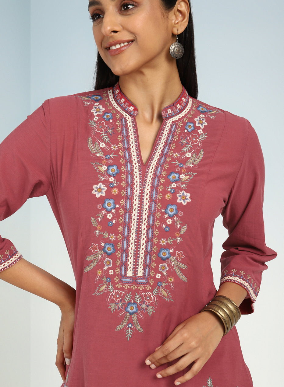 Maroon Boho Straight Tunic With Dense Embroidery