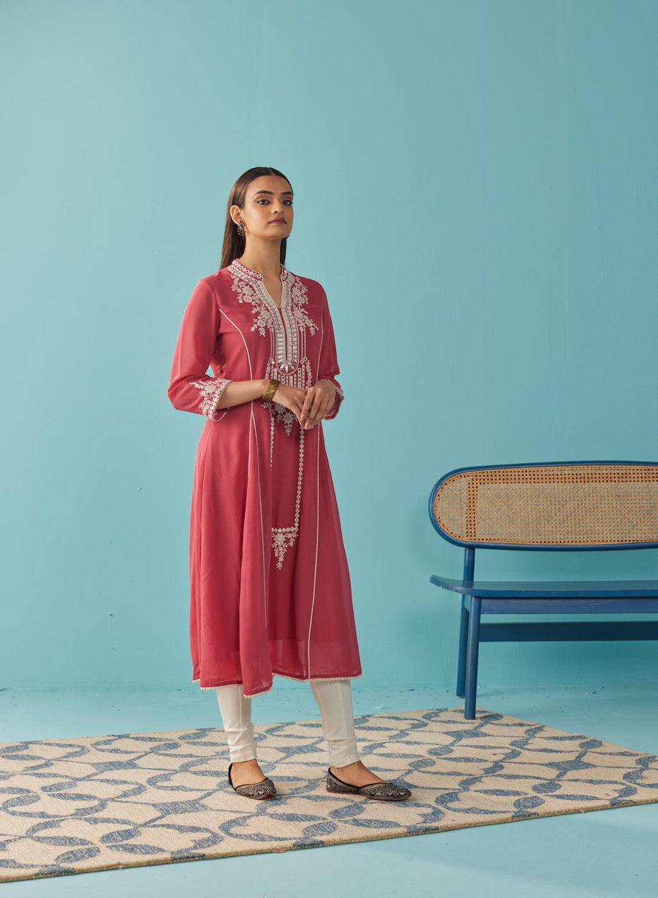 Persian Red Embroidered Flared Kurta