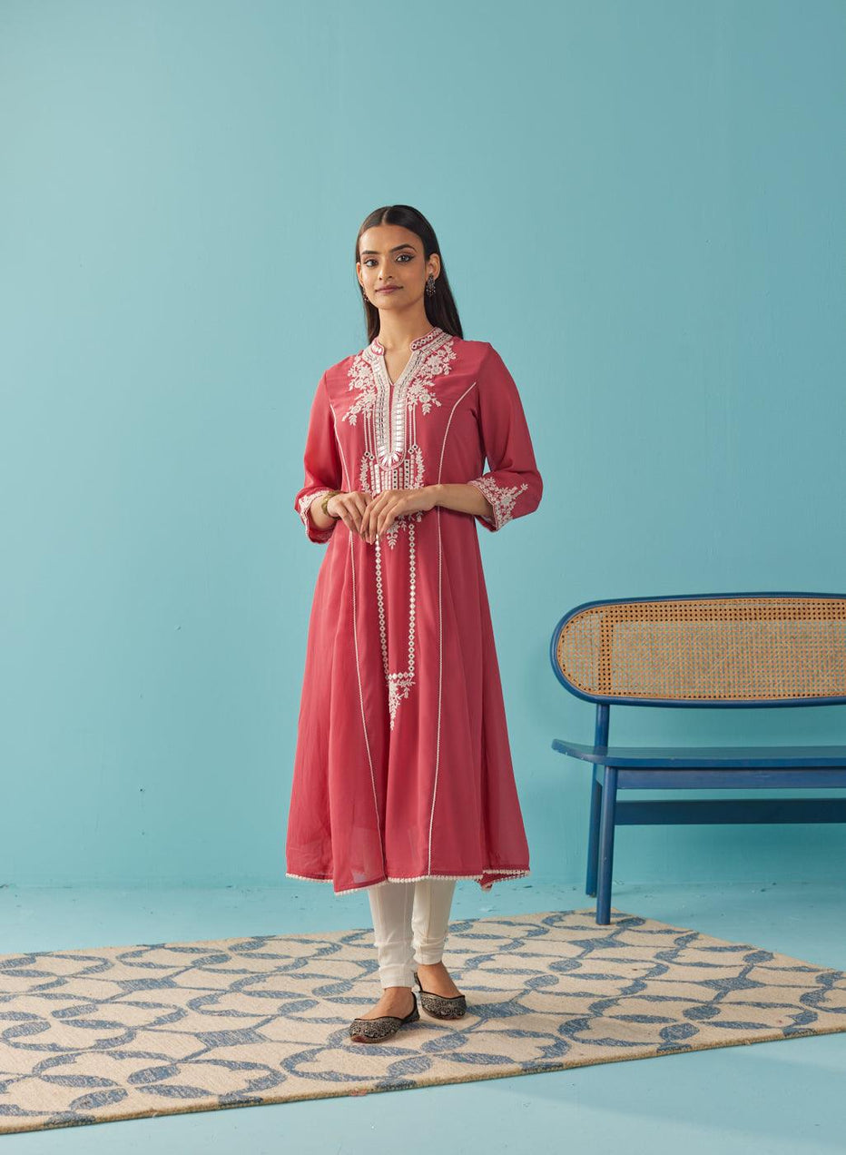Persian Red Embroidered Flared Kurta