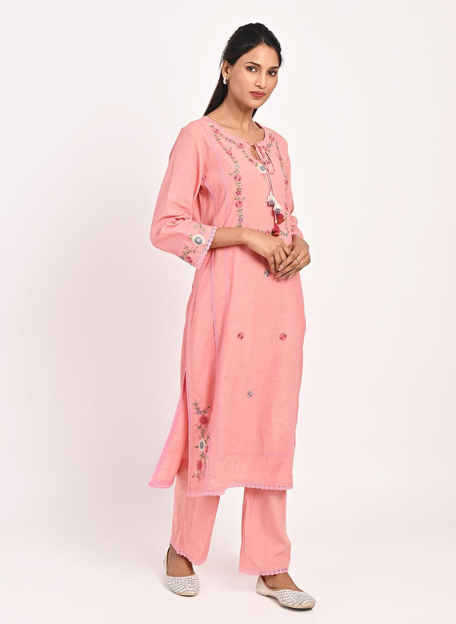 Pink Embroidered Straight-Fit Cotton Co-Ord Set