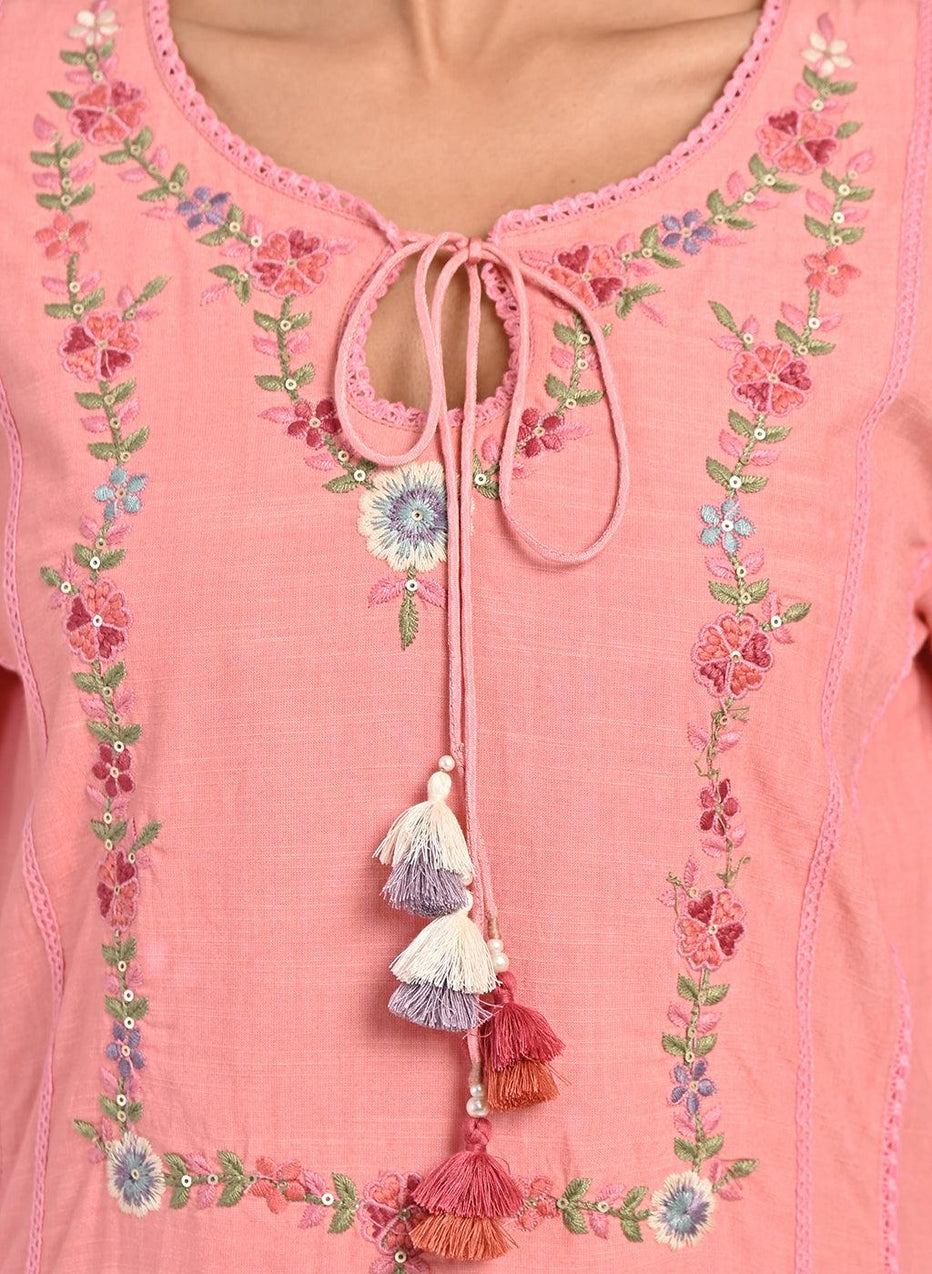 Pink Embroidered Straight-Fit Cotton Co-Ord Set