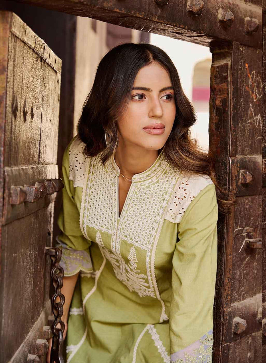 Dori Work Green Long Kurta