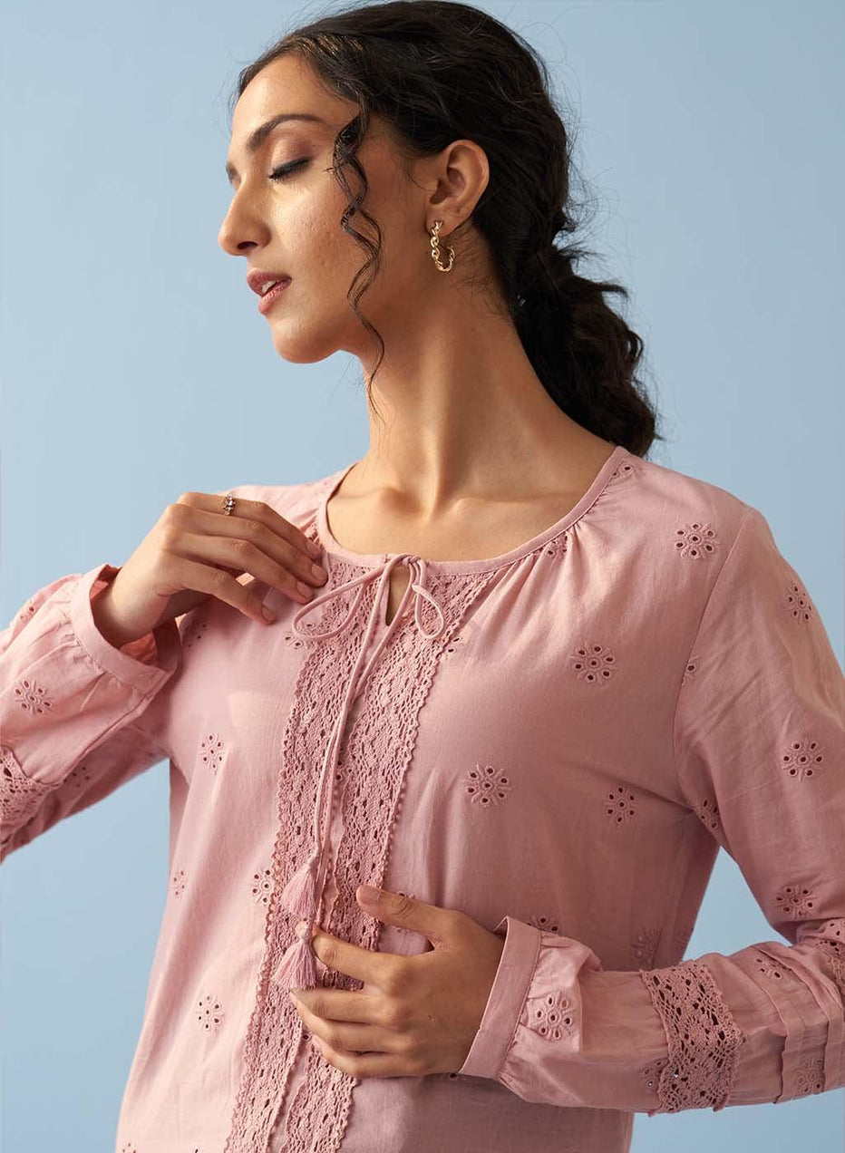 Pink Schiffli Embroidered Tunic With Lace Insert