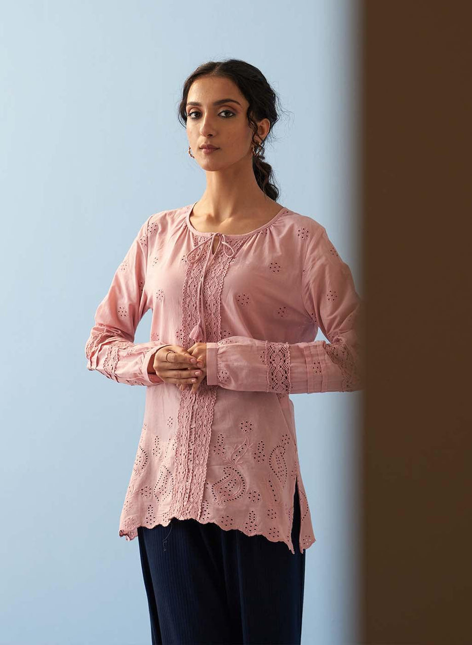 Pink Schiffli Embroidered Tunic With Lace Insert