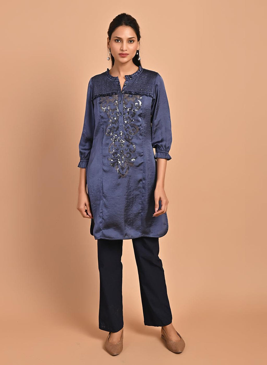 Navy Blue Satin Kurti With Sequin Work And Puff Sleeves