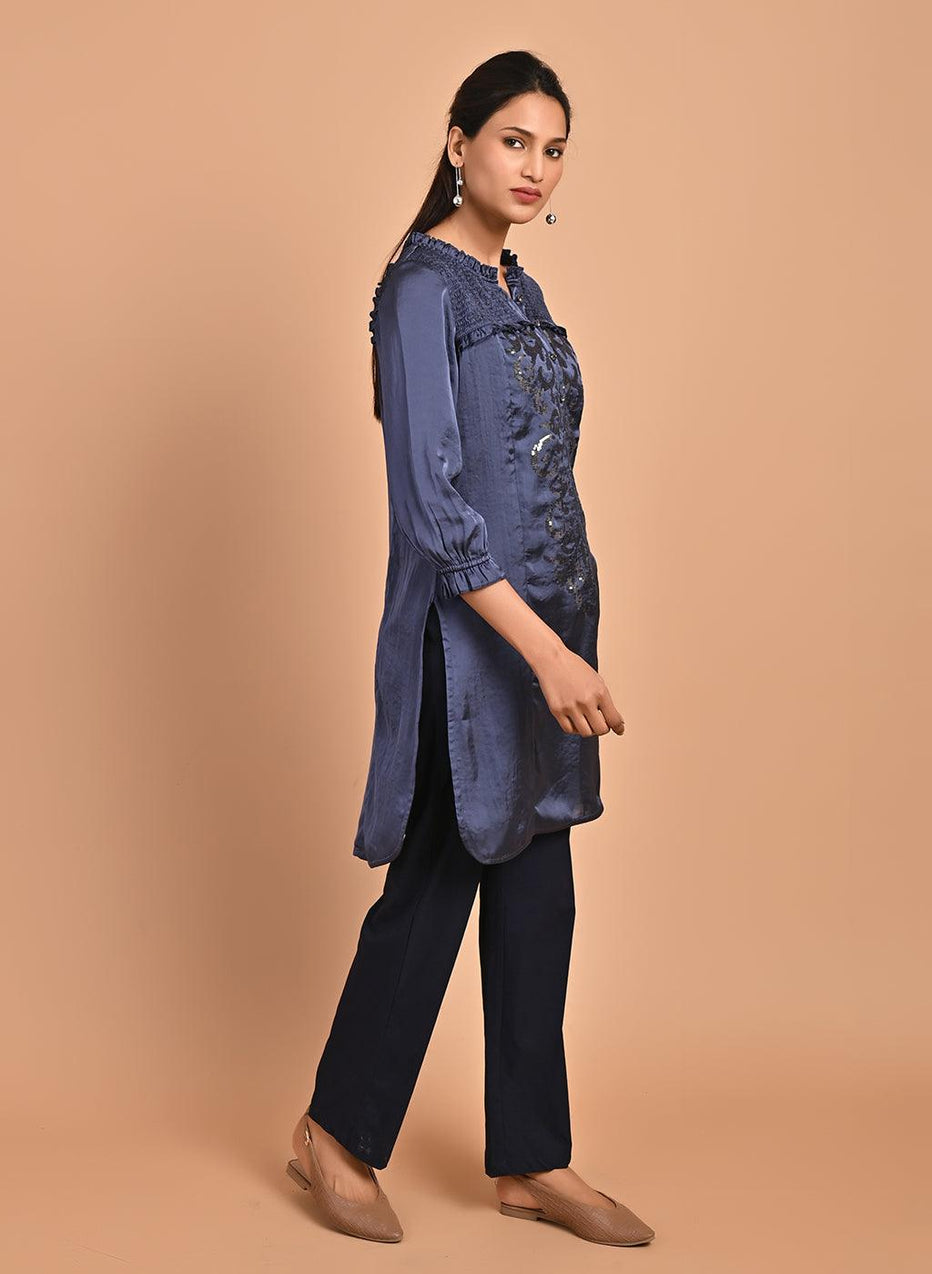 Navy Blue Satin Kurti With Sequin Work And Puff Sleeves