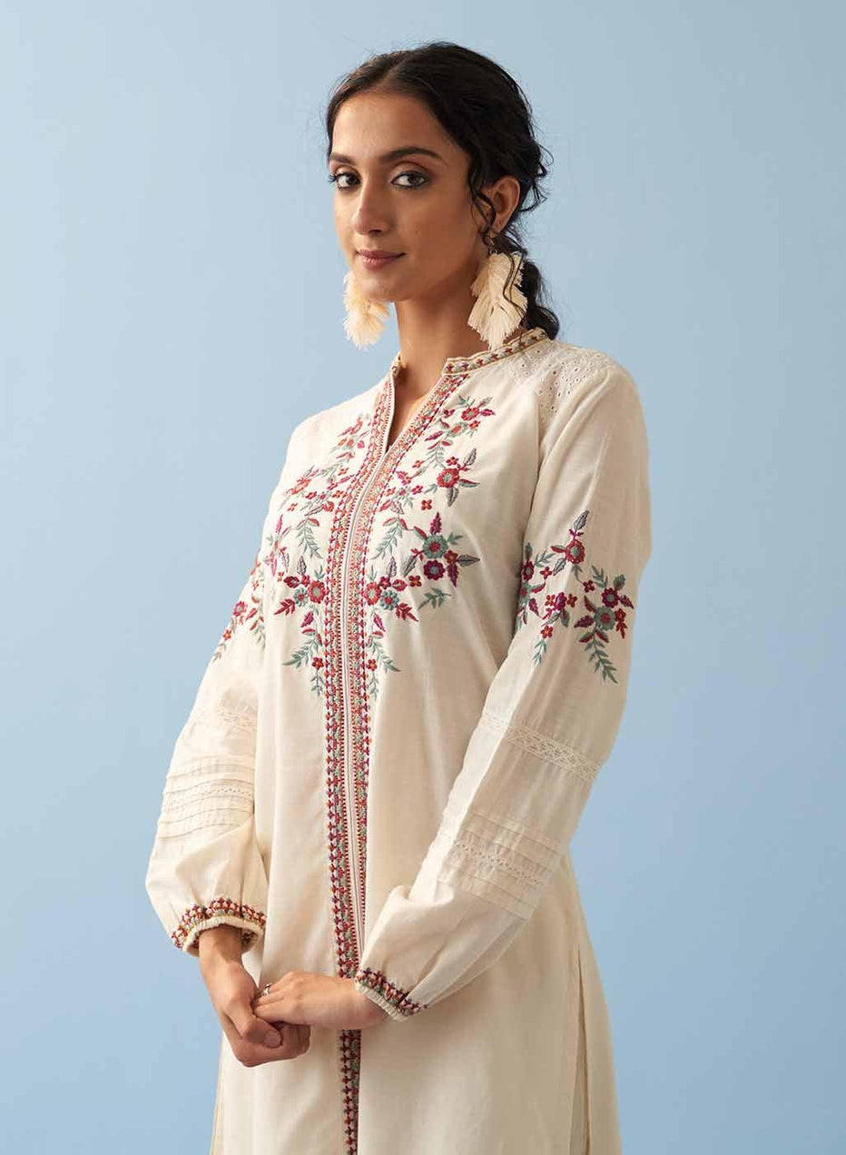 Ivory Embroidered Kurta For Women With Puffed Sleeves