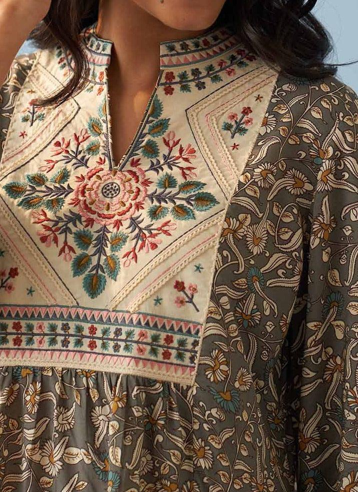 Grey Multi Color Printed Short Tunic With Yoke Embroidery