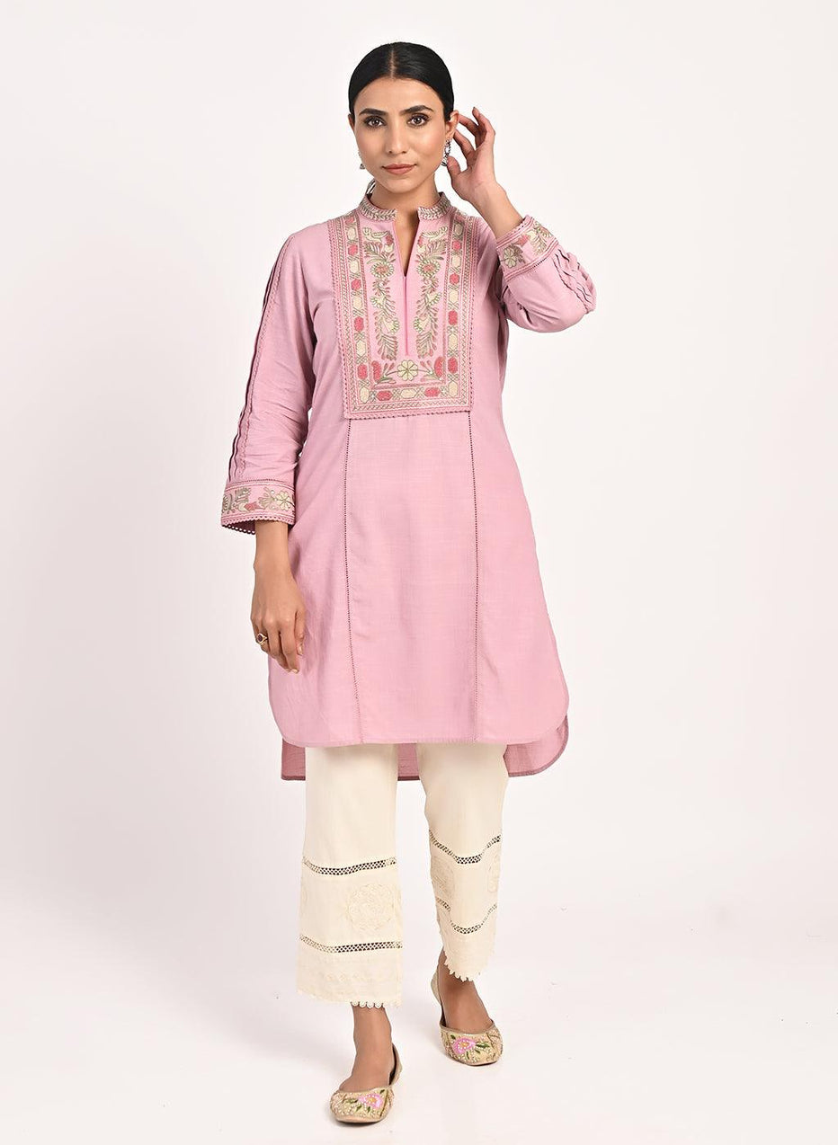 Pink Embroidered Band Collar Tunic With Front Yoke Embroidery