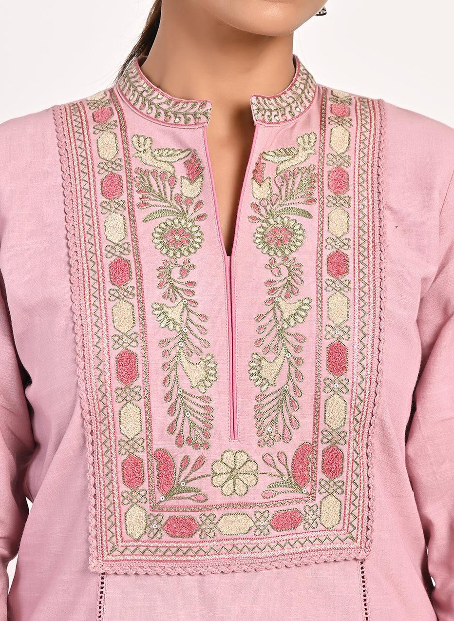 Pink Embroidered Band Collar Tunic With Front Yoke Embroidery